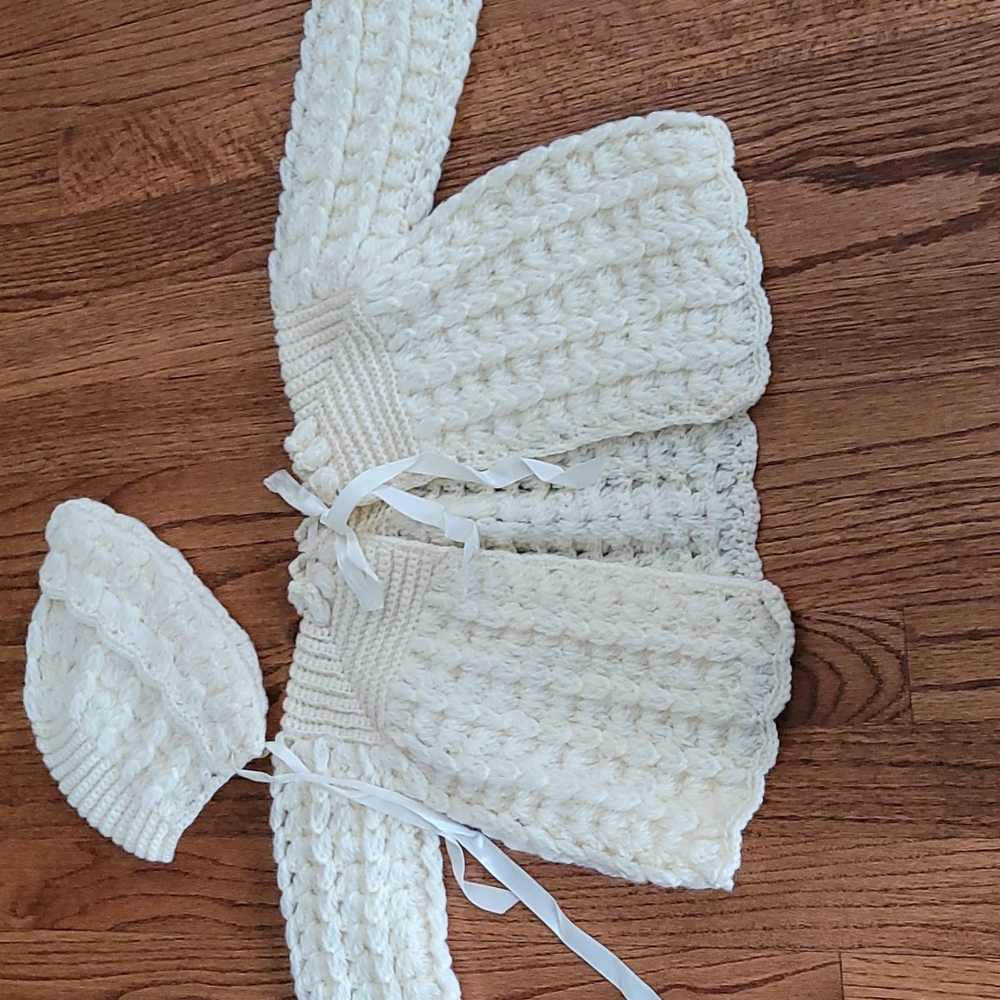 Vintage Handmade Knit Baby Sweater and Bonnet Set - Picture 1 of 11
